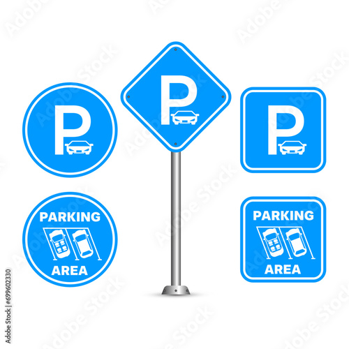 Parking signs collections. Parking area sign is a circle and square in blue color. Parking area sign icon