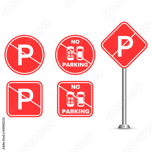 Set of no parking signs. The no parking sign is a circle and square in red color. No parking sign icon