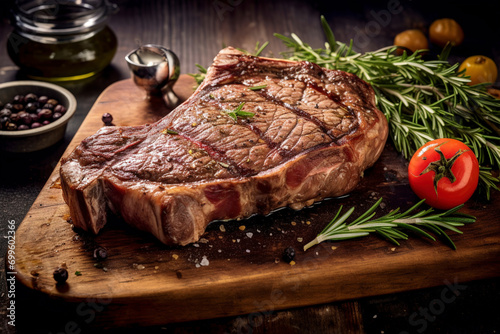 A thick-cut T-bone steak is seasoned with sea salt on a wooden board. (Generative AI)