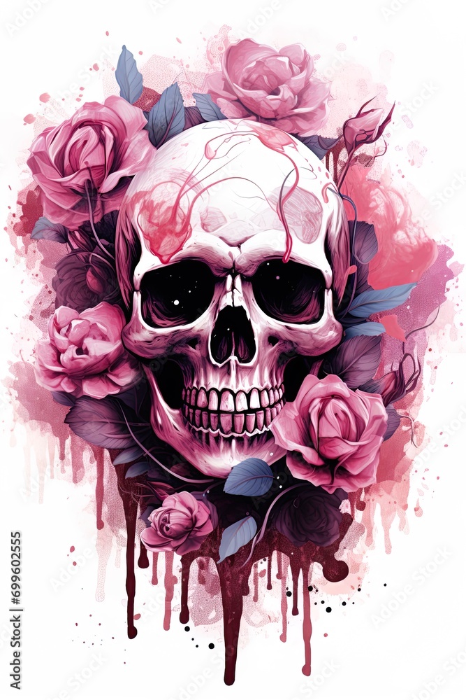 Fototapeta premium Skull and pink roses. Poster, T shirt, Tattoo design. White background. Ai Generative