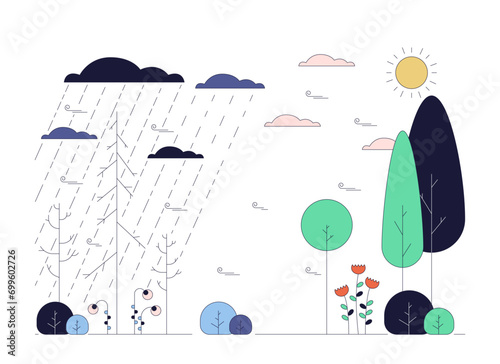 Nature seasons changing line cartoon flat illustration. Rainy bad weather transit to sunny day 2D lineart landscape isolated on white background. Springtime winter scene vector color image