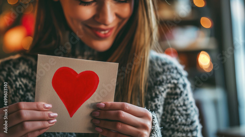 Happy and romantic woman opens love letter from a boyfriend photo