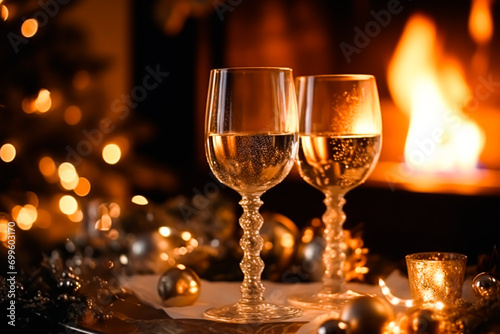 Sparkling wine, proseco or champagne in front of a fireplace on a holiday eve celebration, Merry Christmas, Happy New Year and Happy Holidays