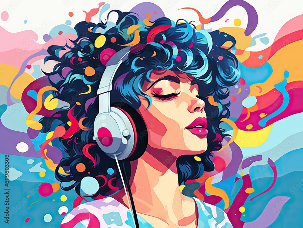 girl in headphones listening music. fantasy graffiti illustration