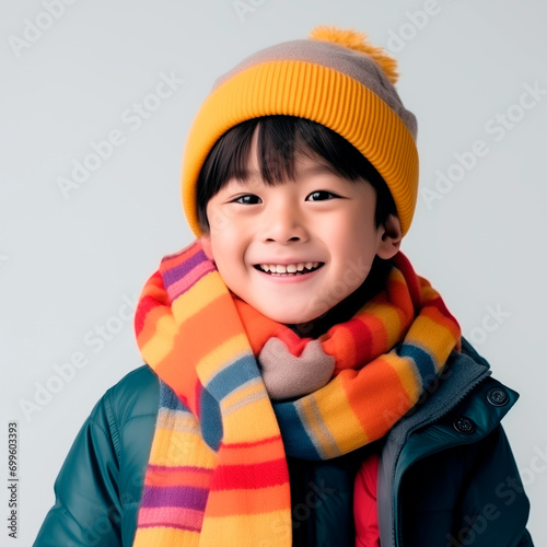Smiling cute asian boy isolated on white background.
