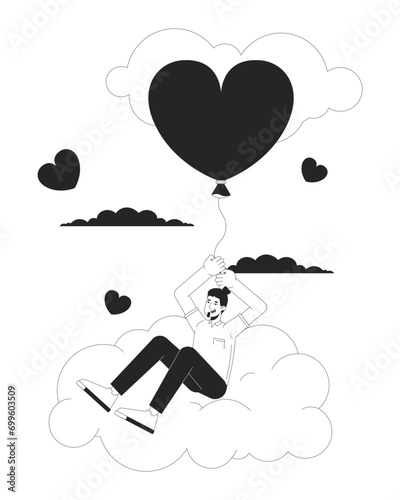 Caucasian man flying with balloon in clouds black and white 2D line cartoon character. Cloudy heart shaped baloon european male isolated vector outline person. Monochromatic flat spot illustration