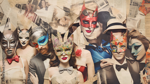 A collage made from cutouts of old newspapers and magazines depicting people in masks and carnival costumes