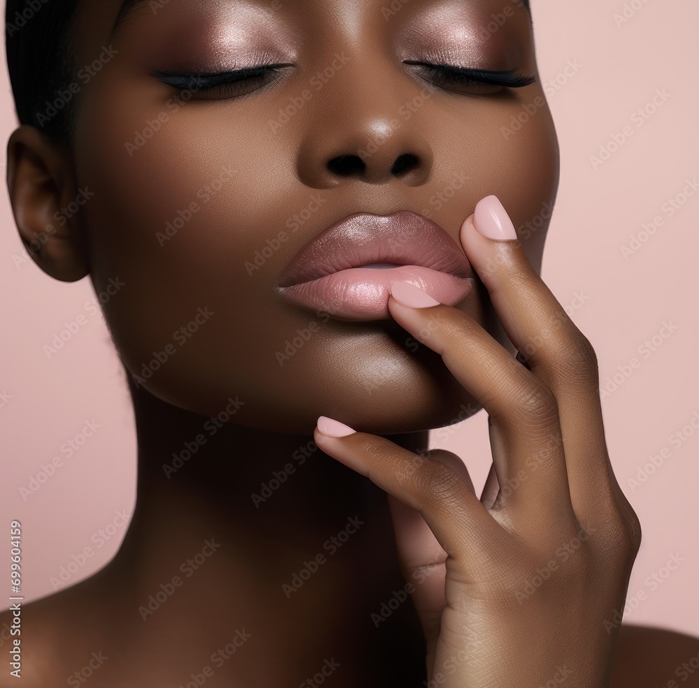 Obraz premium Young beauty african american woman with a perfect manicure, stylish pink nail polish on her lips, pensive poses.