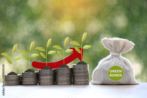 Green bonds,Trees growing on coins money and money bag with green bonds word on natural green background, investment and business concept photo