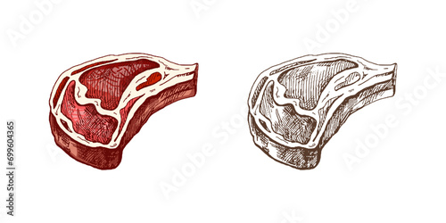 Organic food. Hand drawn colored and monochrome vector sketch of beef steak, piece of meat. Doodle vintage illustration. Decorations for the menu of cafes. Engraved image.