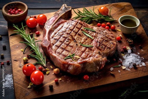 A thick-cut T-bone steak is seasoned. (Generative AI) photo