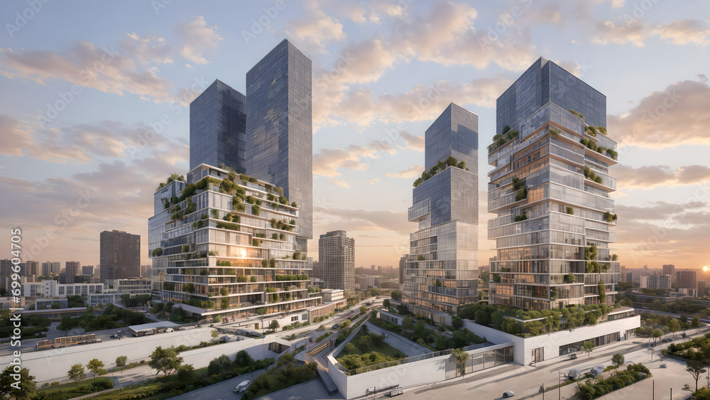 Modern metropolis, city skyline, urban buildings, green city at sunset Modern metropolis, city skyline, urban buildings, green city at sunset