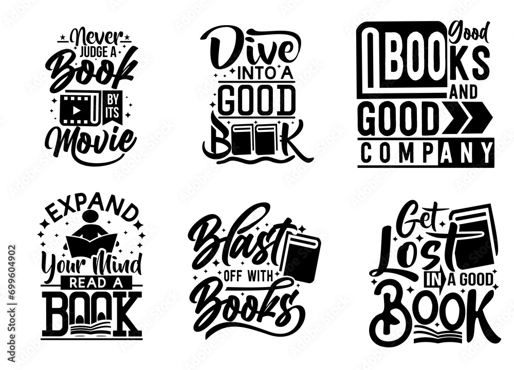 Book Quote Element Design. Set with abstract lettering about books and reading for poster design. Typography funny quotes. great set black Handwritten letters collection V2.