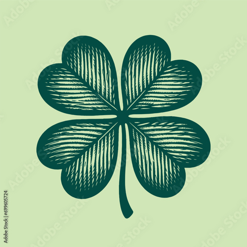 Four leaf clover. Happy sign. St.Patrick 's Day. Green engraving icon, logo.