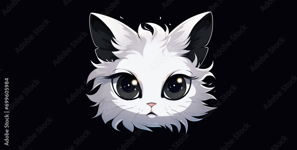 a cartoon cats eyes and face against a black background, cat head