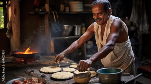 South indian person making dosa food at dhaba photo