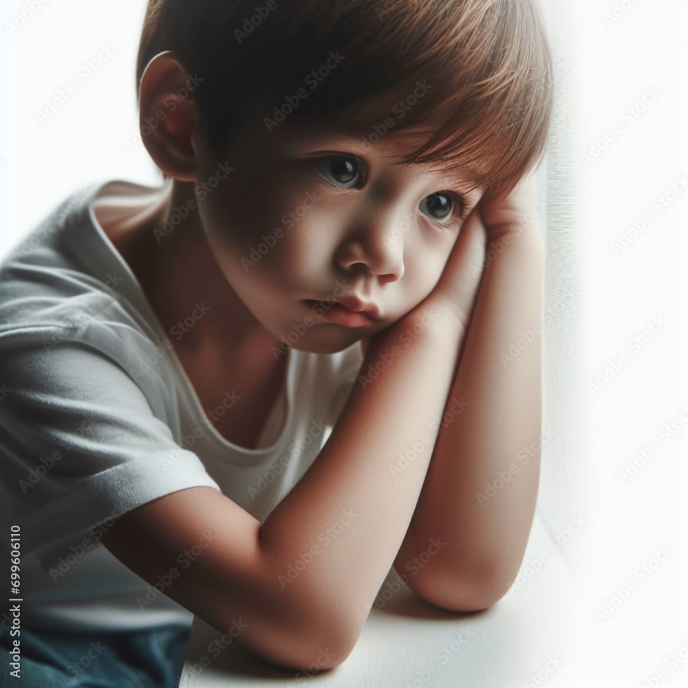 Portrait of a sad, bored boy about 6 years old in a white T-shirt, sitting, leaning on his folded hands Portrait of a sad, bored boy about 6 years old in a white T-shirt, sitting, leaning on his folded hands