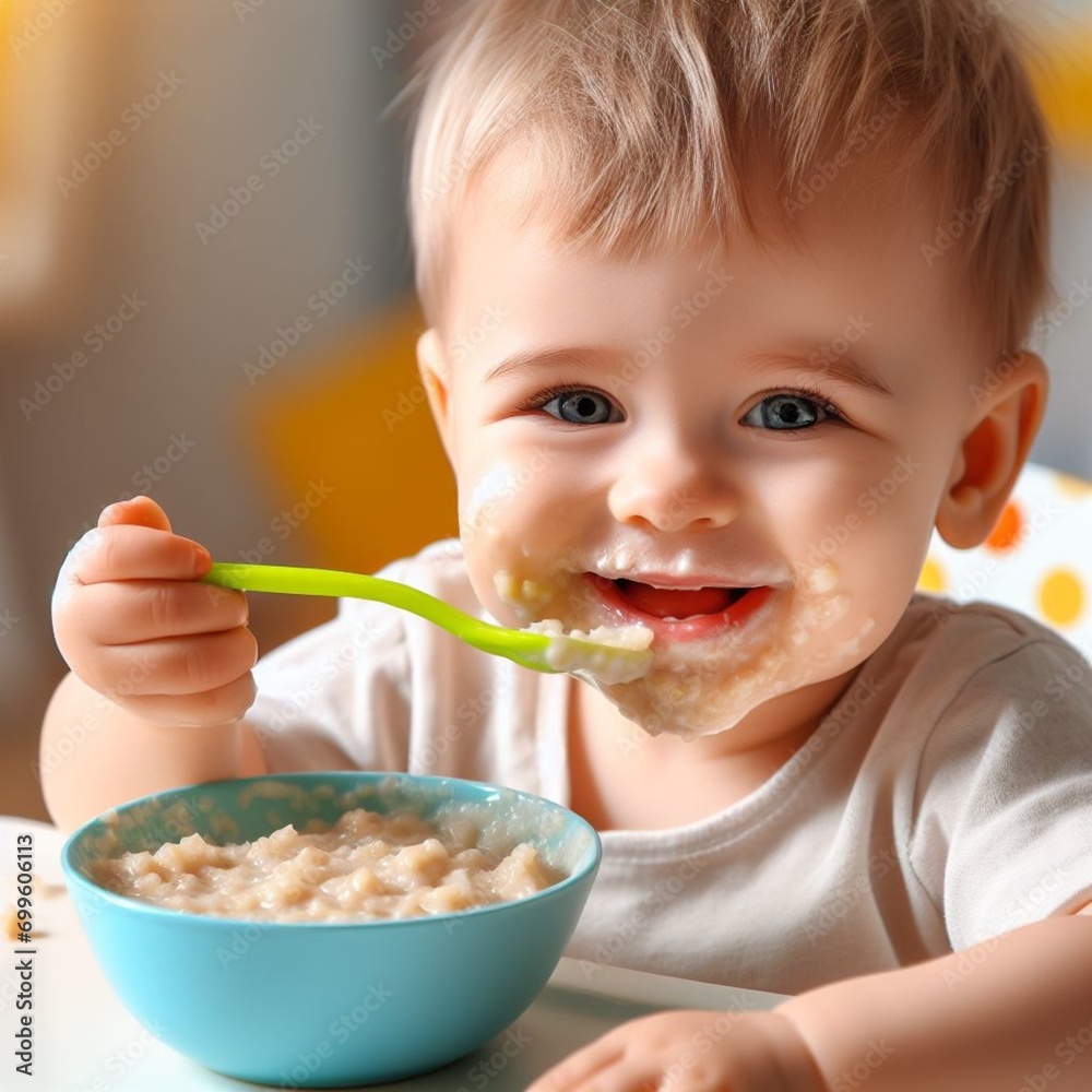 one baby sits at the kitchen table, eats porridge for breakfast, gets dirty, laughs