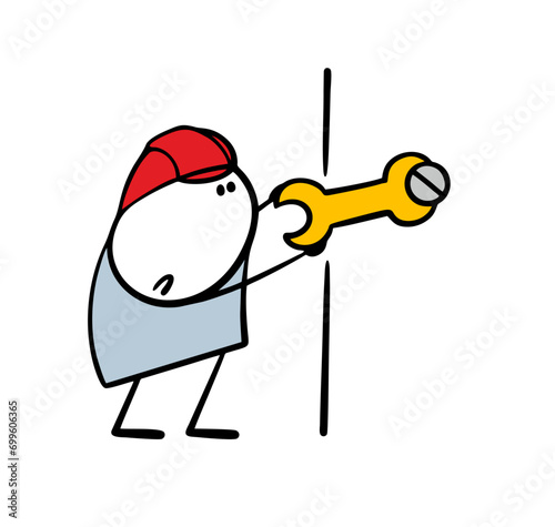 Stickman worker in a red helmet at a construction site turns a screw in the wall with a wrench. Vector illustration of work and satisfied cartoon character. Doodle isolated on white background.