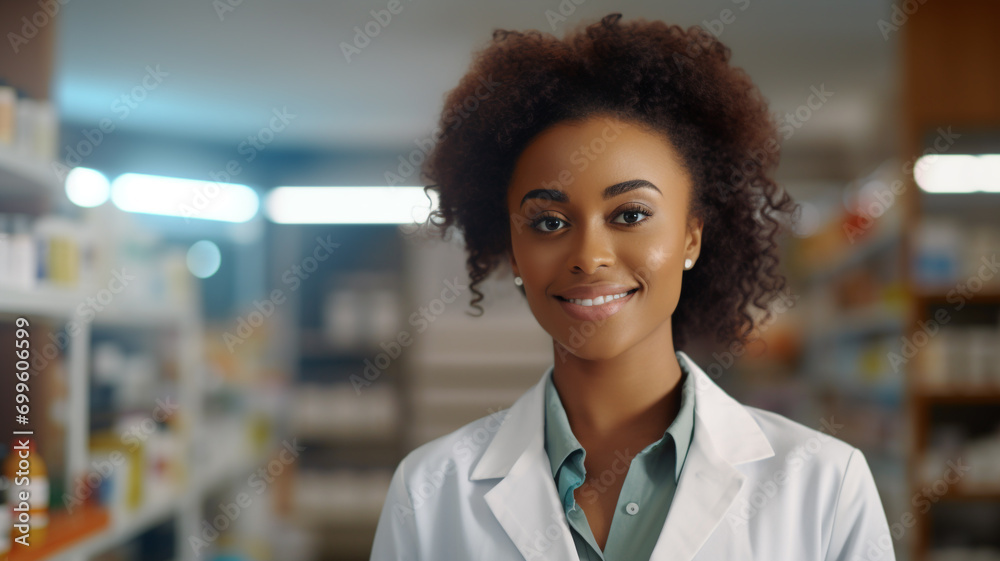 african female pharmacist standing by shelf at the pharmacy store.