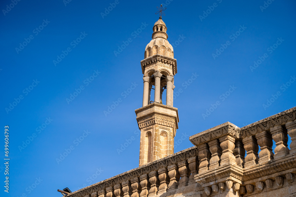 Tower of The Mor Barsavmo Church in Midyat city center.