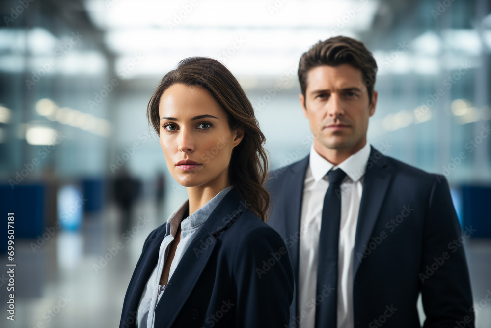 Portrait of a confident businessman and business woman in airport Portrait of a confident businessman and business woman in airport