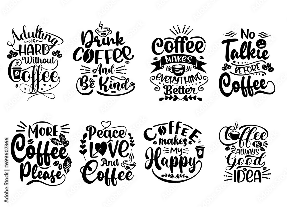 Coffee Quote Element Design. Set of Hand lettering quotes with sketches for coffee shop or cafe. great set Hand drawn vintage typography collection in various themes. black Illustration.