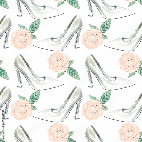 Wedding seamless pattern with shoes and roses, watercolor isolated on white background. Wedding invitations, covers, wrapping, Valentine, textiles.