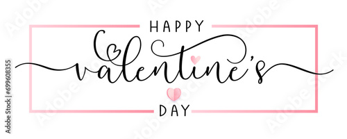 Brush calligraphy Happy Valentines Day with pink paper heart. Creative greeting card, love symbol with typography for Valentine`s Day. Vector illustration