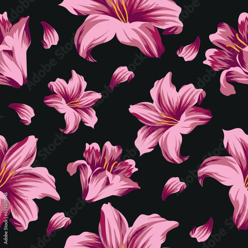 seamless pattern of pink summer lily buds and lily petals for packaging or textile use  on black background