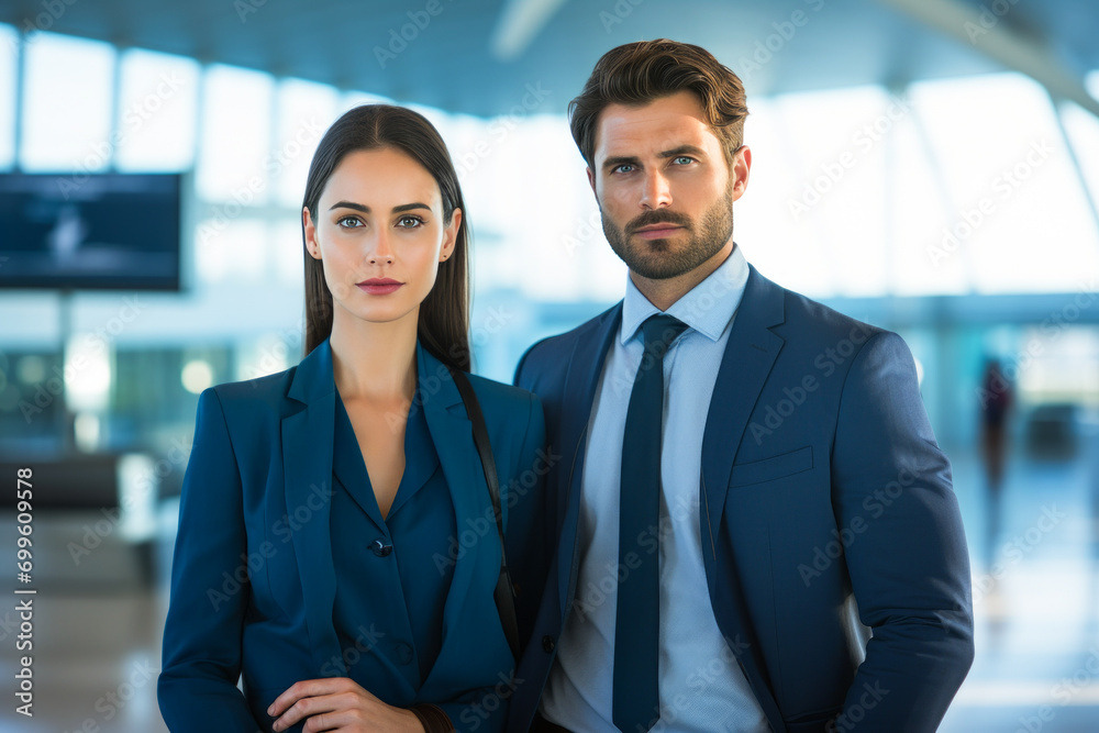 Portrait of a confident businessman and business woman in airport Portrait of a confident businessman and business woman in airport