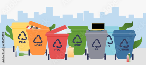 Different recycling bins with glass, organic, plastic and other garbage vector illustration. Sorting trash. Environmental protection, recycling concept