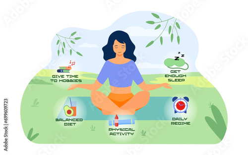Woman in lotus position trying to find balance in life vector illustration. Physical activity, daily regime, balanced diet, getting enough sleep, having time for hobby. Stress relief, coping with photo