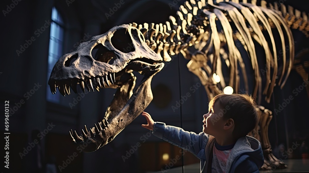 Fototapeta premium A little boy in a paleontology museum looks curiously at a large dinosaur skeleton. A child on a field trip examines the bones of a fossilized animal.