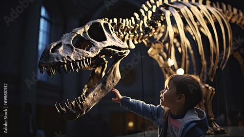 A little boy in a paleontology museum looks curiously at a large dinosaur skeleton. A child on a field trip examines the bones of a fossilized animal. © photolas