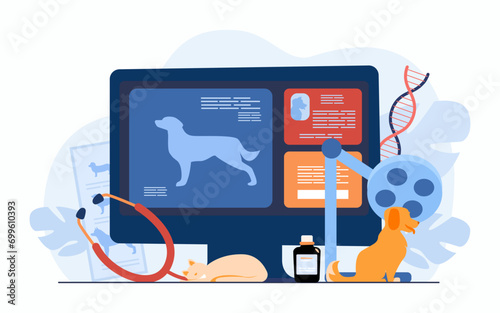 Dog and cat in vet clinic vector illustration. Computer with medical records on background. Healthcare for animals, new technologies in veterinary medicine concept
