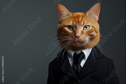 A portrait of anthropomorphic ginger cat wearing black classic suit © DimaSabaka