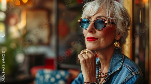 Portrait of happy mature woman with white makeup stylish hair looking at camera outdoor. Casual lifestyle of retired hispanic people or adult asian woman smile with confident at coffee shop cafe