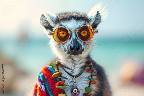 A portrait of anthropomorphic lemur wearing sunglasses and hippie outfit