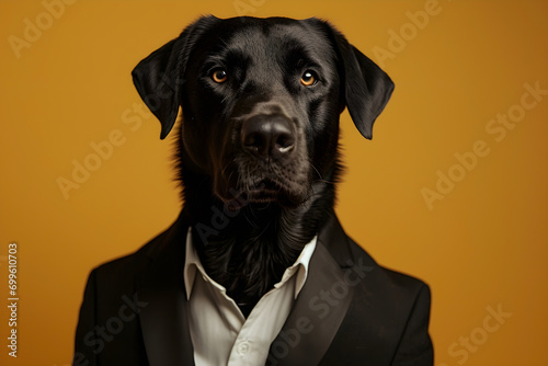 A portrait of anthropomorphic black dog wearing black classic suit photo