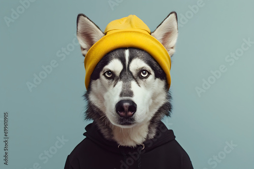 A portrait of anthropomorphic husky wearing black hoodie and yellow winter hat photo