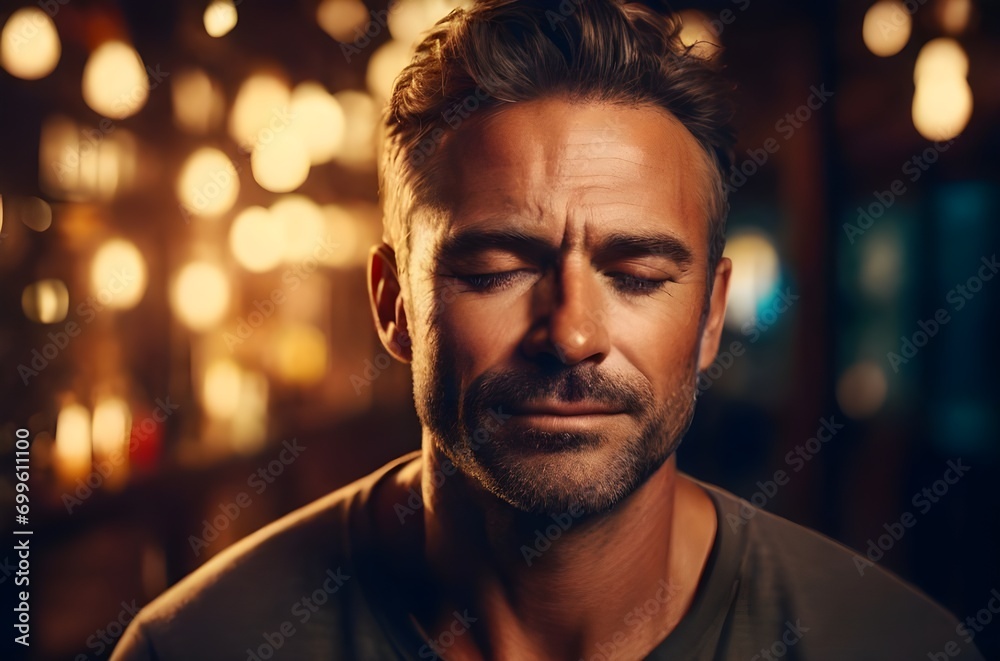 man closes his eyes and remembering happy days, man closes his eyes and relaxing