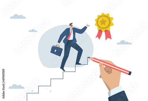 Leadership or consultant, Providing advice and assistance to the company's employees, Lead to business goals, Big hand uses pencil to draw ladder helping businessman walk up to receive success award.