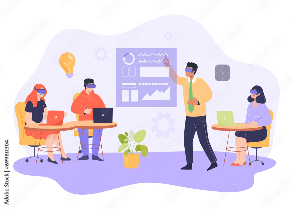 Teacher and students in VR glasses studying in virtual classroom. Vector illustration. Classroom with modern equipment. Online education, modern technology concept