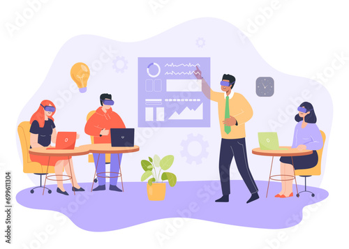 Teacher and students in VR glasses studying in virtual classroom. Vector illustration. Classroom with modern equipment. Online education, modern technology concept