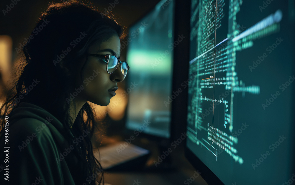 A female programmer or web developer looking at lines of code