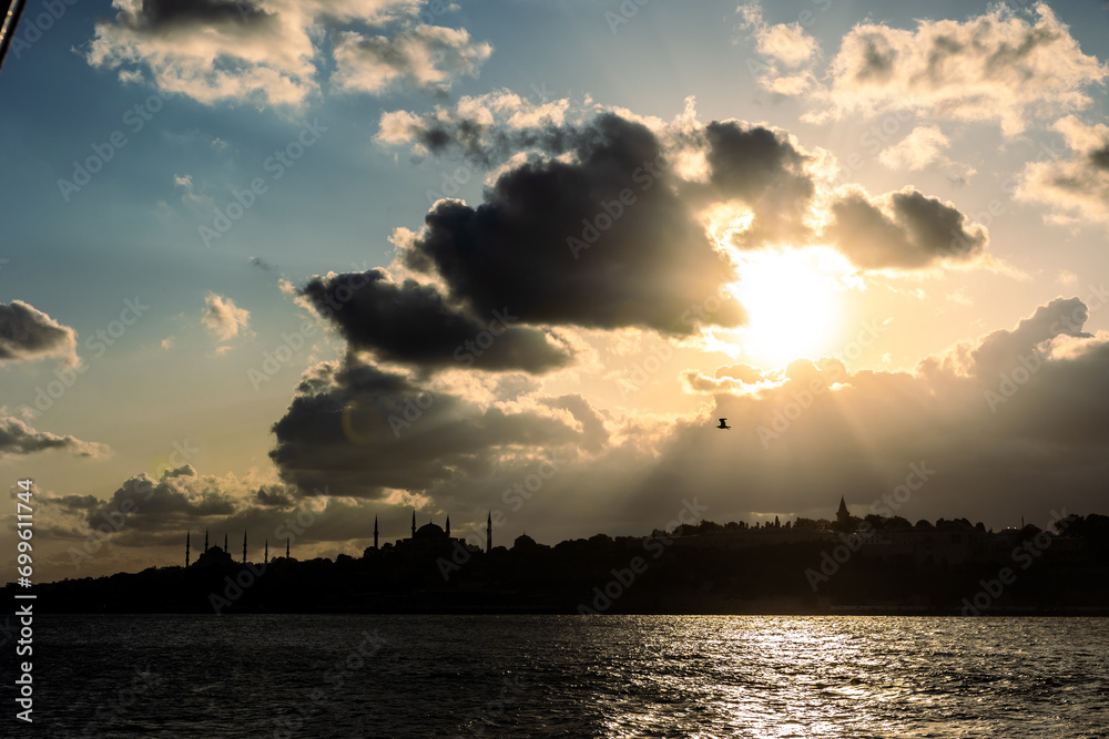 Istanbul skyline at sunset. Silhouette of the Historical Peninsula of Istanbul