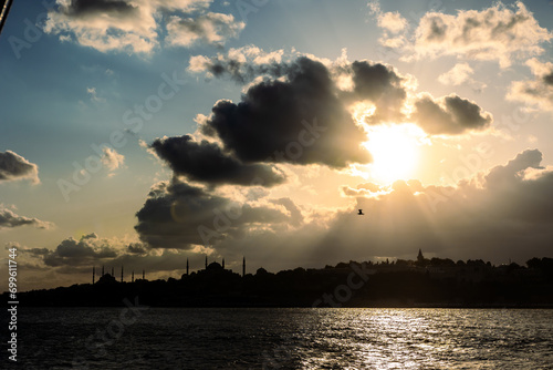 Istanbul skyline at sunset. Silhouette of the Historical Peninsula of Istanbul