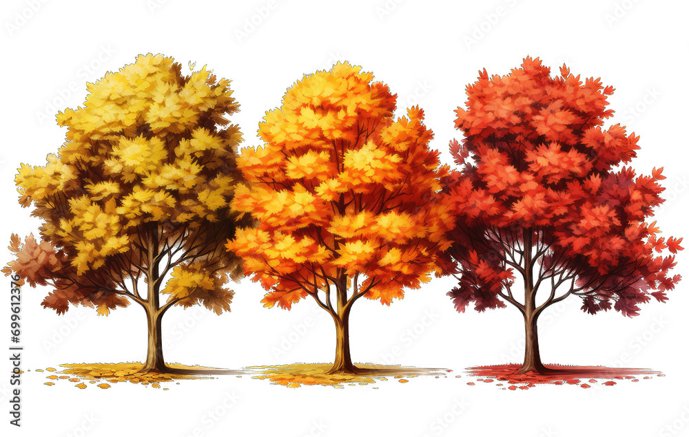 a group of trees with orange and yellow leaves PNG