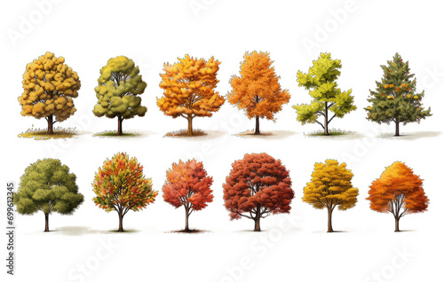 a group of trees with orange and yellow leaves on transparent PNG © FIAZ
